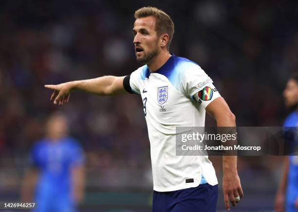 Harry Kane of England reacts during the UEFA Nations League, League A, Group 3 match between Italy and England at San Siro on September 23, 2022 in...