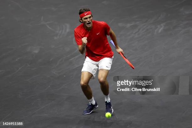 Taylor Fritz of Team World celebrates a point during the singles match between Cameron Norrie of Team Europe and Taylor Fritz of Team World during...
