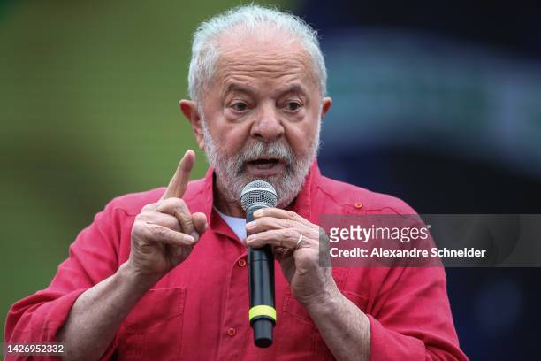 Former president of Brazil and current presidential candidate Luiz Inácio Lula da Silva of the Workers' Party speaks to supporters during a rally in...