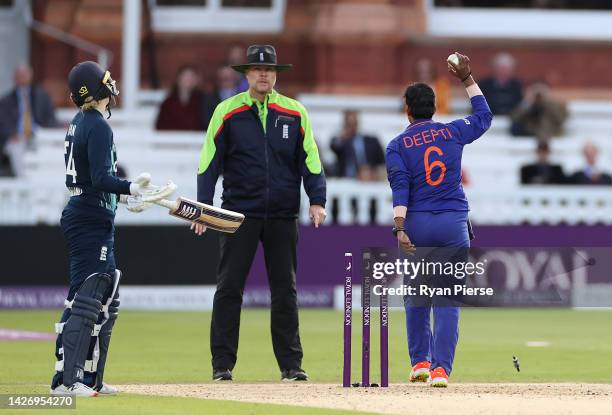 Deepti Sharma of India runs out Charlie Dean of England to claim victory during the 3rd Royal London ODI between England Women and India Women at...