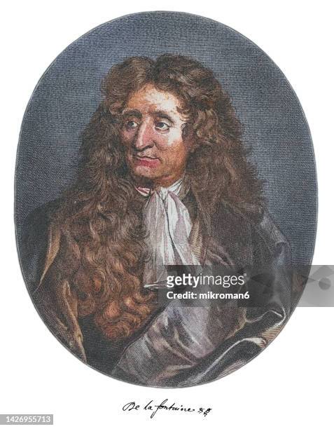 portrait of jean de la fontaine, french fabulist and one of the most widely read french poets of the 17th century - jean de la fontaine stock pictures, royalty-free photos & images