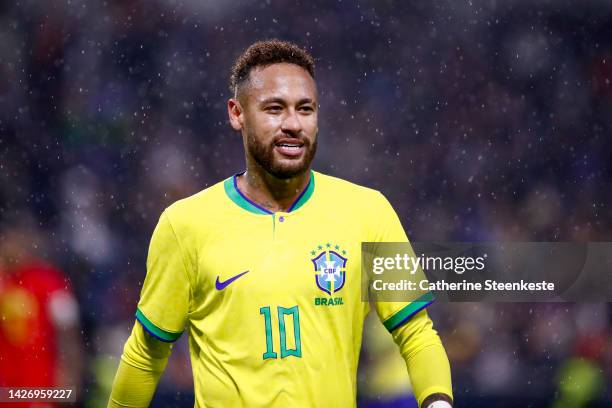 Neymar Jr of Brazil looks on during the international friendly match between Brazil and Ghana at Stade Oceane on September 23, 2022 in Le Havre,...