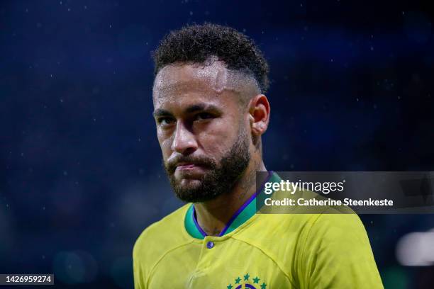 Neymar Jr of Brazil looks on during the international friendly match between Brazil and Ghana at Stade Oceane on September 23, 2022 in Le Havre,...