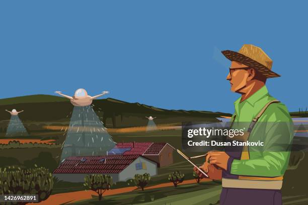ilustraciones, imágenes clip art, dibujos animados e iconos de stock de agricultura inteligente y iot - un solo hombre mayor