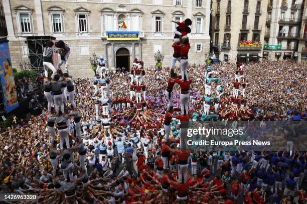 Castellers during the celebration of the Fiestas de la Merce, in the Plaza Sant Jaume, on 24 September, 2022 in Barcelona, Cataluya, Spain. The...