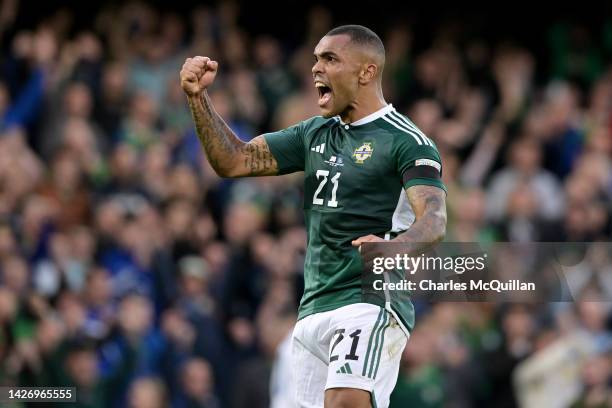 Josh Magennis of Northern Ireland celebrates scoring their side's second goal during the UEFA Nations League League C Group 2 match between Northern...