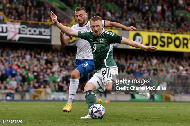 Fidan Aliti of Kosovo challenges Shayne Lavery of Northern Ireland during the UEFA Nations League League C Group 2 match between Northern Ireland and...