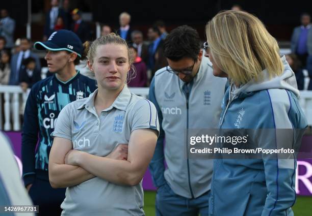Charlie Dean and Lisa Keightley of England talk after India won the 3rd Royal London One Day International between England and India at Lord's...