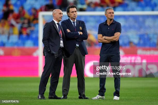 Luis Rubiales, President of the Royal Spanish Football Federation, Jose Francisco Molina, Sporting Director of Spanish Football and Luis Enrique,...