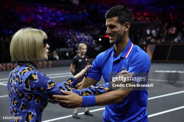 Novak Djokovic of Team Europe greets Anna Wintour ahead of his match against Frances Tiafoe of Team World during Day Two of the Laver Cup at The O2...