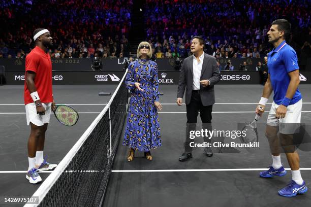 Anna Wintour conducts the coin toss ahead the match between Frances Tiafoe of Team World and Novak Djokovic of Team Europe during Day Two of the...