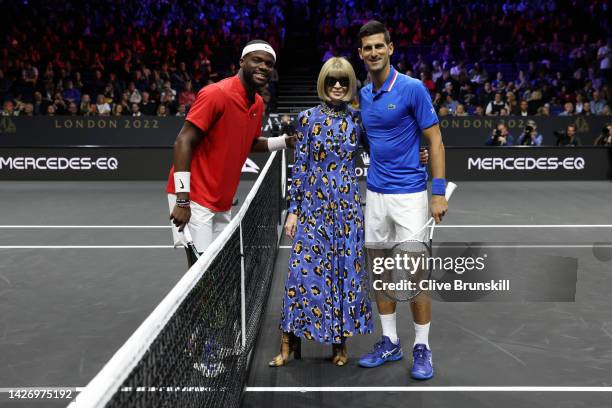 Anna Wintour poses for a photograph as she conducts the coin toss ahead the match between Frances Tiafoe of Team World and Novak Djokovic of Team...