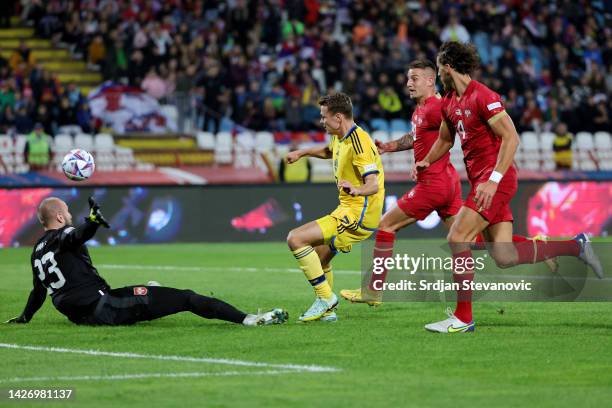 Viktor Claesson of Sweden scores their team's first goal during the UEFA Nations League League B Group 4 match between Serbia and Sweden at Stadion...