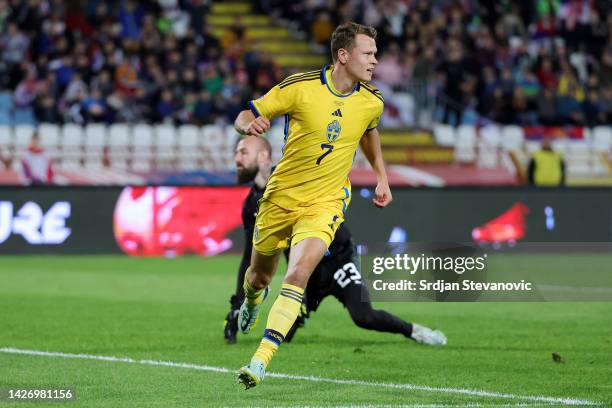 Viktor Claesson of Sweden celebrates after scoring their team's first goal during the UEFA Nations League League B Group 4 match between Serbia and...