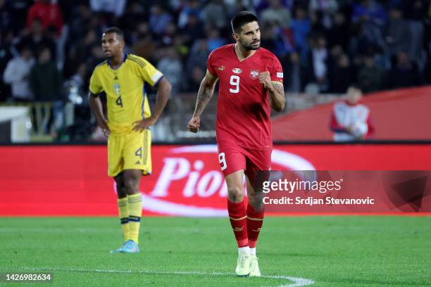 Aleksandar Mitrovic of Serbia celebrates after scoring their team's first goal during the UEFA Nations League League B Group 4 match between Serbia...
