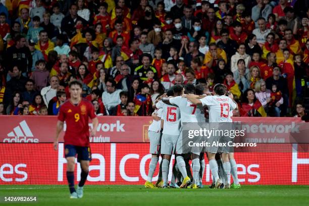 Manuel Akanji of Switzerland celebrates with teammates after scoring their team's first goal during the UEFA Nations League League A Group 2 match...