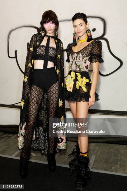 Eleonore Ghiuritan and Grace Elizabeth pose backstage at the Etro Fashion Show during the Milan Fashion Week Womenswear Spring/Summer 2023 on...