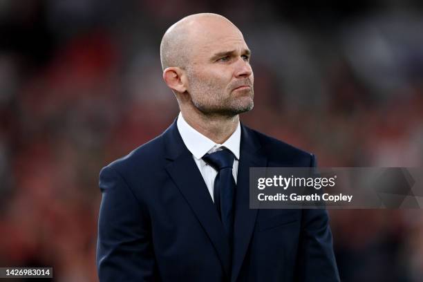 Rohan Smith, Head Coach of Leeds Rhinos, looks on after the final whistle of the Betfred Super League Grand Final match between St Helens and Leeds...