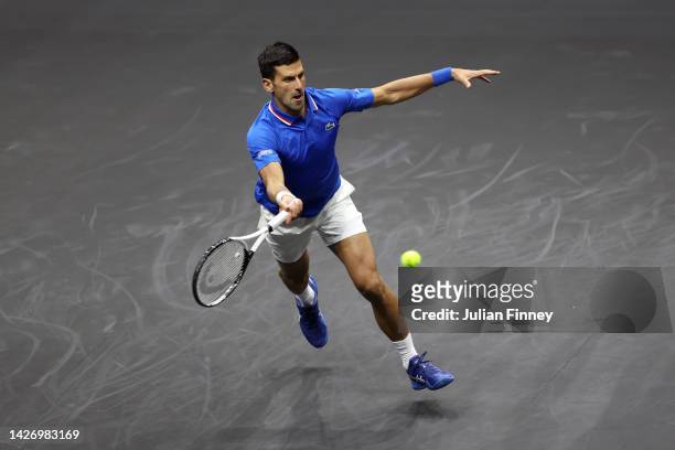 Novak Djokovic of Team Europe plays a forehand shot in the match between Frances Tiafoe of Team World and Novak Djokovic of Team Europe during Day...