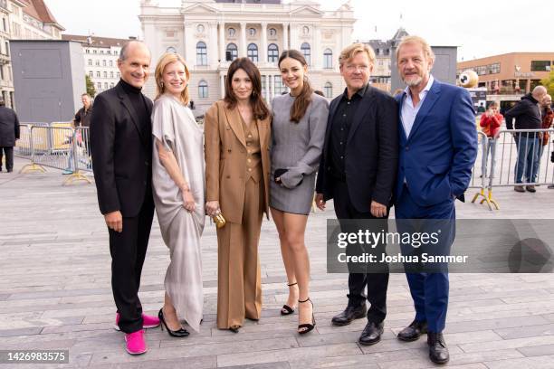 Christoph Maria Herbst, Caroline Peters, Iris Berben, Janina Uhse, Justus von Dohnanyi and Soenke Wortmann attend the premiere of "Der Nachname"...