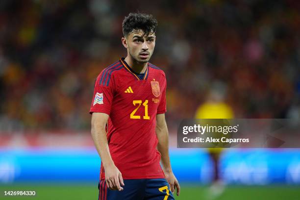 Pedri of Spain looks on during the UEFA Nations League League A Group 2 match between Spain and Switzerland at La Romareda on September 24, 2022 in...