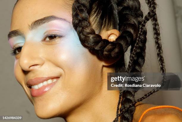 Model Nora Maria Attal poses backstage at the Etro Fashion Show during the Milan Fashion Week Womenswear Spring/Summer 2023 on September 23, 2022 in...