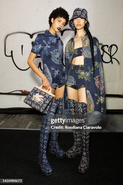 Models Ania Nogueira and Diane Chiu pose backstage at the Etro Fashion Show during the Milan Fashion Week Womenswear Spring/Summer 2023 on September...