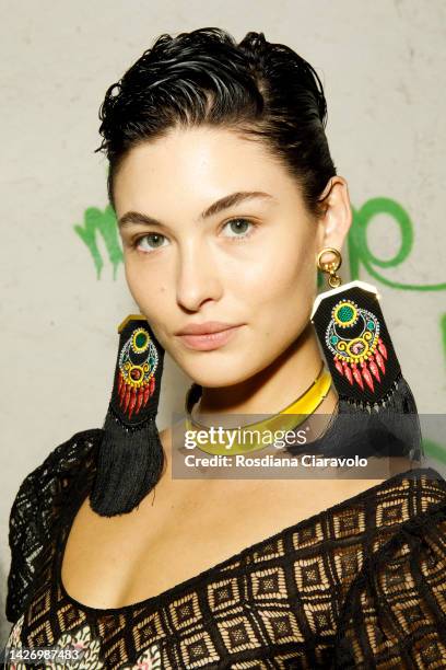 Grace Elizabeth poses backstage at the Etro Fashion Show during the Milan Fashion Week Womenswear Spring/Summer 2023 on September 23, 2022 in Milan,...