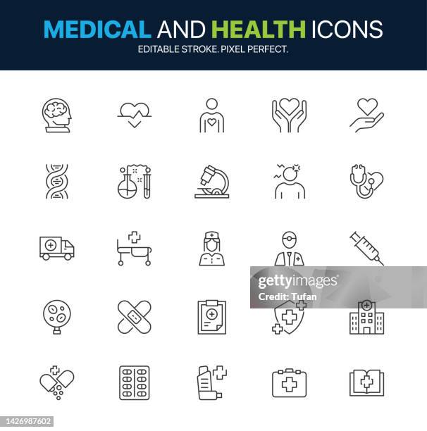 medical icon and healthcare icon set. medicine, pill, drug, diagnosis, prescription, hospital and other. editable stroke and pixel perfect - medical student icon stock illustrations