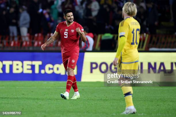 Aleksandar Mitrovic of Serbia celebrates after scoring their team's second goal during the UEFA Nations League League B Group 4 match between Serbia...