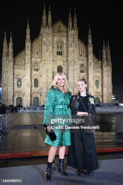 Valeria Mazza and Taina Gravier are seen on the front row of the Moncler Fashion Show during the Milan Fashion Week Womenswear Spring/Summer 2023 on...