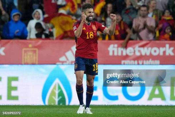 Jordi Alba of Spain celebrates after scoring their team's first goal during the UEFA Nations League League A Group 2 match between Spain and...