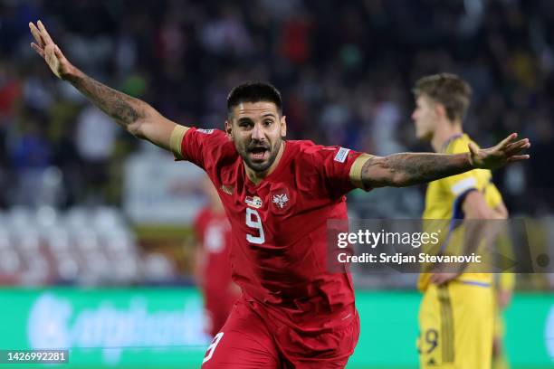 Aleksandar Mitrovic of Serbia celebrates after scoring their team's third goal and hat-trick during the UEFA Nations League League B Group 4 match...