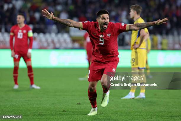 Aleksandar Mitrovic of Serbia celebrates after scoring their team's third goal and hat-trick during the UEFA Nations League League B Group 4 match...