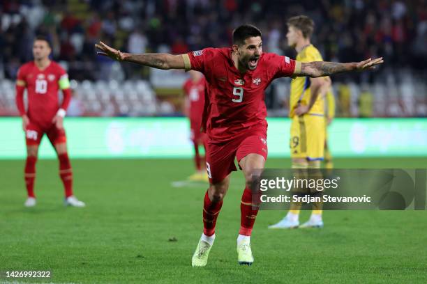 Aleksandar Mitrovic of Serbia celebrates after scoring their team's third goal and hat-trick during the UEFA Nations League League B Group 4 match...
