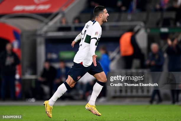 Diogo Dalot of Portugal celebrates scoring their side's third goal during the UEFA Nations League League A Group 2 match between Czech Republic and...