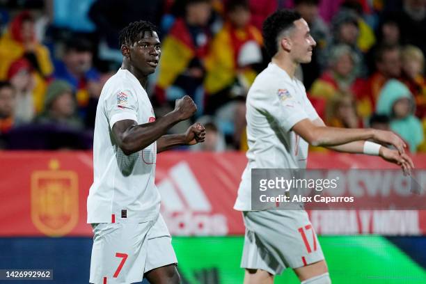 Breel Embolo of Switzerland celebrates after scoring their team's second goal during the UEFA Nations League League A Group 2 match between Spain and...