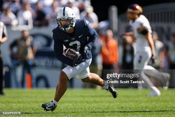 Wide receiver Parker Washington of the Penn State Nittany Lions carries the ball against the Central Michigan Chippewas during the second half at...