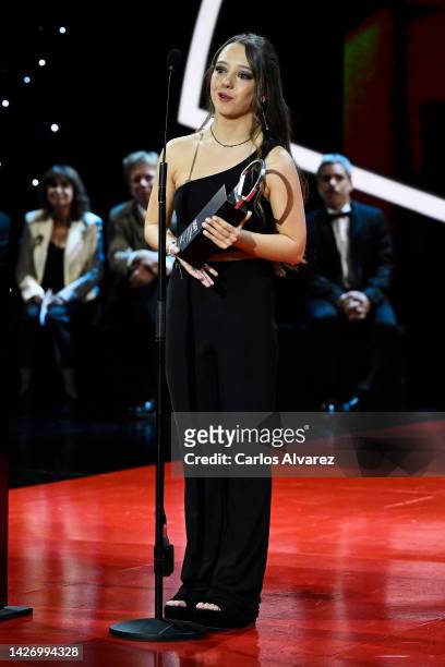 Actress Carla Quilez receives Silver Shell for Best Leading Performance Award during Closing Ceremony of 70th San Sebastian Film Festival at Kursaal,...