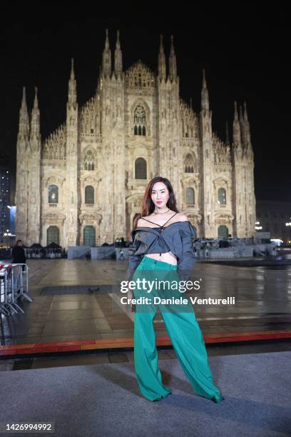 Chriselle Lim is seen on the front row of the Moncler Fashion Show during the Milan Fashion Week Womenswear Spring/Summer 2023 on September 24, 2022...