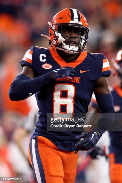 Garrett Williams of the Syracuse Orange reacts during the fourth quarter against the Virginia Cavaliers at JMA Wireless Dome on September 23, 2022 in...
