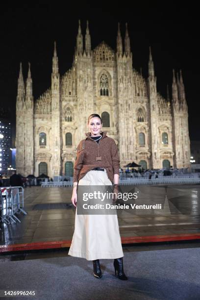 Olivia Palermo is seen on the front row of the Moncler Fashion Show during the Milan Fashion Week Womenswear Spring/Summer 2023 on September 24, 2022...