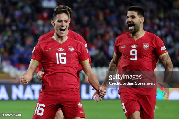 Sasa Lukic of Serbia celebrates after scoring their team's fourth goal during the UEFA Nations League League B Group 4 match between Serbia and...