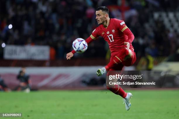 Filip Kostic of Serbia controls the ball during the UEFA Nations League League B Group 4 match between Serbia and Sweden at Stadion Rajko Mitic on...