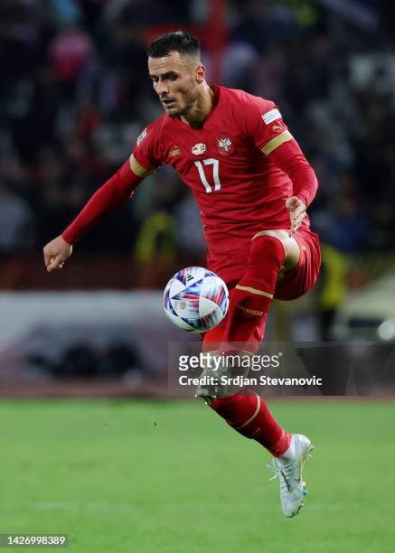 Filip Kostic of Serbia controls the ball during the UEFA Nations League League B Group 4 match between Serbia and Sweden at Stadion Rajko Mitic on...