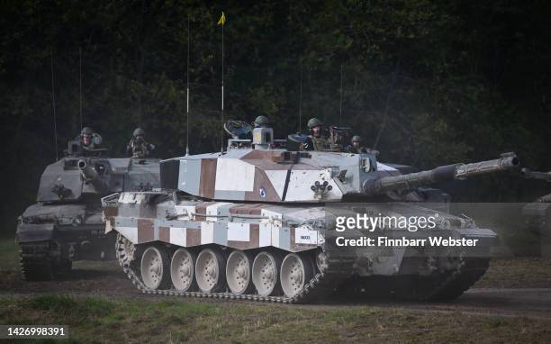 Challenger 2 main battle tank with Berlin Brigade Camouflage or urban camouflage designed for city warfare is displayed for the families watching The...