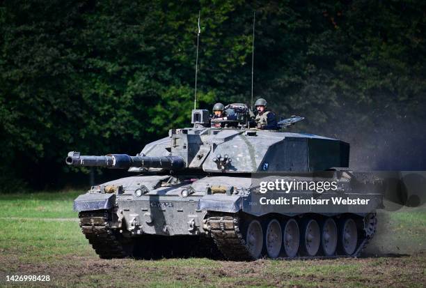 Challenger 2 main battle tank is displayed for the families watching The Royal Tank Regiment Regimental Parade, on September 24, 2022 in Bulford,...