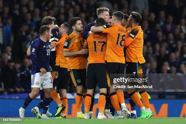 Tempers flare between players of Scotland and Republic of Ireland during the UEFA Nations League League B Group 1 match between Scotland and Republic...