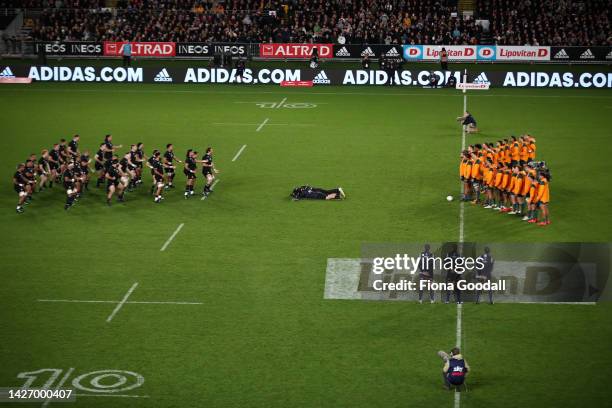 The All Blacks perform the haka during The Rugby Championship and Bledisloe Cup match between the New Zealand All Blacks and the Australia Wallabies...