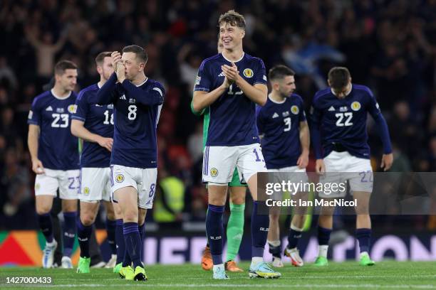 Jack Hendry of Scotland applauds their fans after the final whistle of the UEFA Nations League League B Group 1 match between Scotland and Republic...